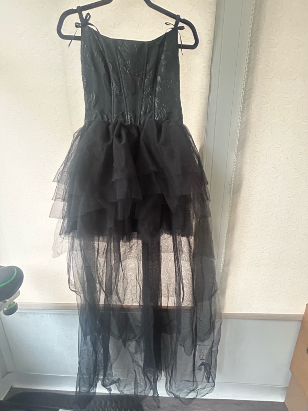 Dolls Kill Widow corset dress with ruffled skirt and mesh train